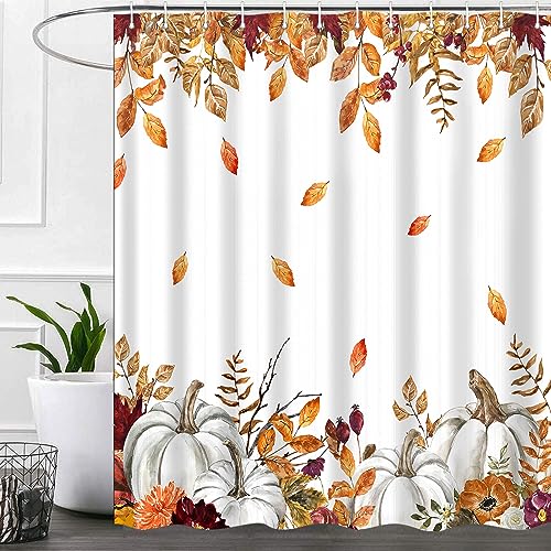 iTapnoom Fall Pumpkins Maple Leaf Shower Curtain, Autumn Leaves Harvest Thanksgiving Farmhouse Watercolor Seasonal Bathroom Curtain Sets, Waterproof Fabric Polyester with Hooks, 72x72 White