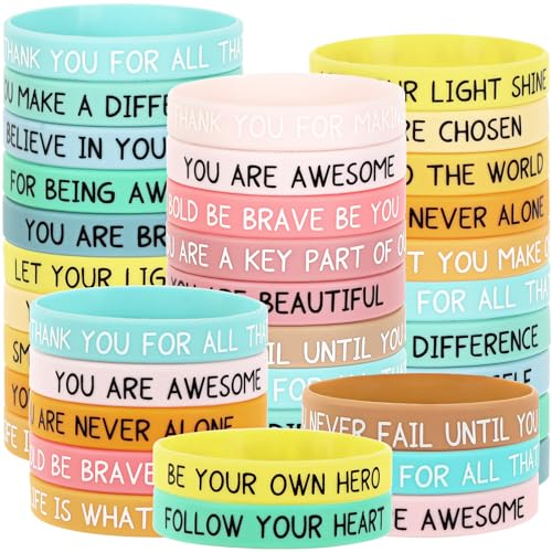 JUNEBRUSHS 64pcs Motivational Silicone Bracelets Bulk Colored Inspirational Rubber Wristbands Unisex for Student Teacher Office Prizes Gifts Back to School Party Favor Supplies (16 Designs)