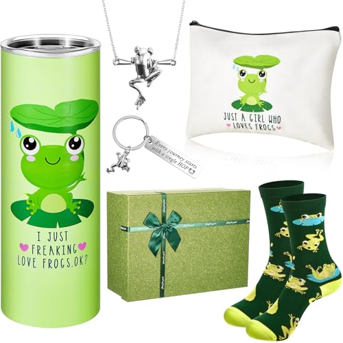 Zhehao 6 Pieces Frog Gifts for Women Set Frog Lovers 20 oz Green Stainless Steel Frog Tumbler Frog Keychain Frog Socks, Frog Bag, Frog Pendant Necklace Gift Box for Birthday Christmas