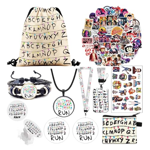 Wuykkot Stranger Merchandise Things Gifts Set Includes Stranger Backpack, Coin Bag, ID Card, Lanyard, Stickers, Button Pins, Bracelet, Necklace, Keychain, Tattoo Sticker, Phone Stand