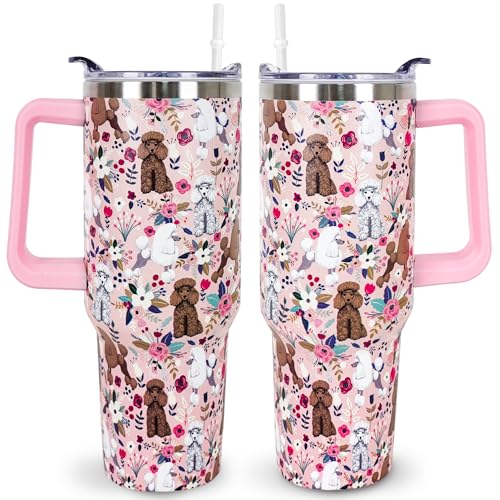 Usyobrt Poodle Gifts for Women Cute Dog Tumbler Coffee Cup for Women Poodle Travel Mug 40 OZ Stainless Steel Insulated Water Bottle With Lid and Straw
