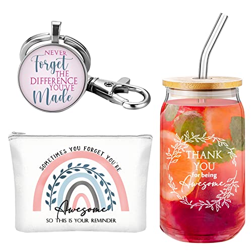 Hoolerry 3 Pcs Thank You Gifts for Women Thank You for Being Awesome 16oz Coffee Glass Cup Motivational Zipper Pouch Keychain(Thank You)