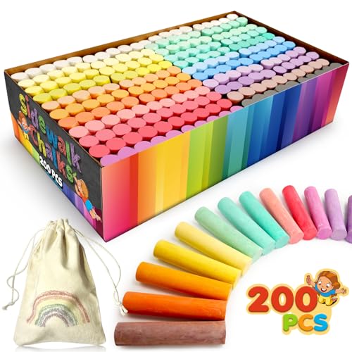 200PCS Washable Sidewalk Chalks Set in 20 Colors: Jumbo Drawing Chalk for Kids Outdoor Art, Non-Toxic Dustless Colored Giant Box Chalkboard Chalk for Toddler Painting on Blackboard, Playground, Party