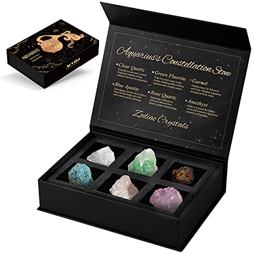 Aquarius Crystals Gift Set, Zodiac Signs Healing Crystals Birthstones with Horoscope Box Set Astrology Crystals Aquarius Healing Stones Gifts
