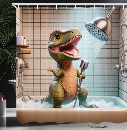 Ambesonne Funny Shower Curtain, Whimsical Scene of Dino Character Taking a Shower and Singing with a Mic, Cloth Fabric Bathroom Decor Set with Hooks, 69' W x 70' L, Olive Green Dark Tan