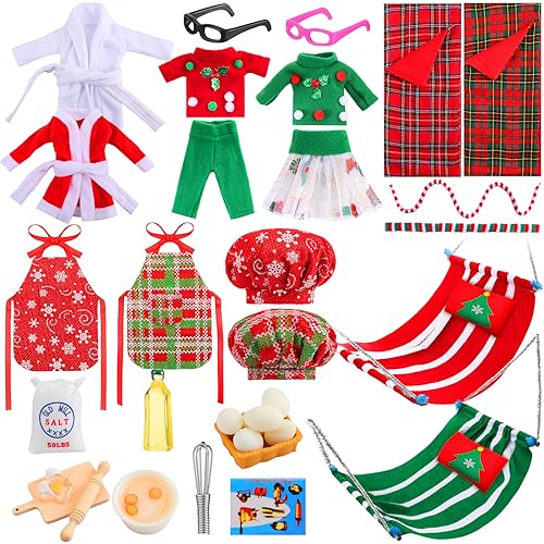 Ceenna 32 Pieces Christmas Elf Clothes Doll Accessories Elf Accessories Clothes Including Skirts, Bathrobe, Christmas Sleeping Bag, Apron, Christmas Elf Hammock for Doll Decorations (Kitchen Party)
