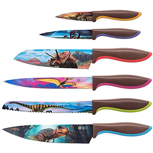 CHEF'S VISION Jurassic Knife Set in Gift Box - Cool Gifts for Dinosaur Lovers - 6 Piece Colorful Chefs Knives Set - Birthday Gifts for Men, Wedding Gifts for Women, Gifts for Kitchen