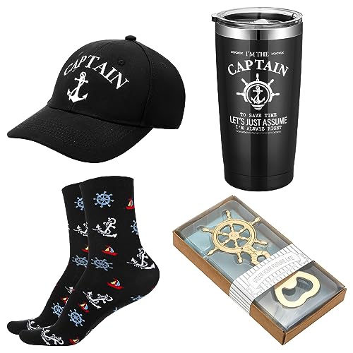 Didaey 4 Pcs Boating Gifts for Men Boat Captain Cap Captains Hat Stainless Steel I'm Captain Tumbler Cups Rudder Nautical Beer Opener and Boats Socks Summer Gifts for Boaters (Black)