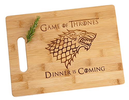 Game of Thrones Dinner is Coming Laser Engraved Bamboo Wood Cutting Board with Handle 9.5 x 13' Funny Gift House Stark