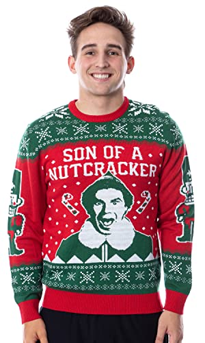 Bioworld ELF Movie Men's Son of a Nutcracker Ugly Christmas Sweater Holiday Knit Pullover (Large) Red