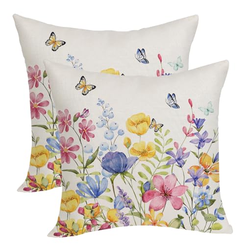 OFIRD Spring Pillow Covers 18x18 Pack of 2 Colorful Floral Butterfly Throw Pillow Covers,Spring Summer Floral Pillowcase Rustic Farmhouse Decorative Linen Cushion Case for Sofa Couch Outdoor,Indoor