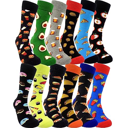 HSELL Mens Fun Food Dress Socks Funny Foodie Sushi Cheese Taco Burritos Patterned Crazy Design Crew Socks Novelty Gift for Men Women Unisex Cotton Sock Sox (12 Pairs Food Assorted)