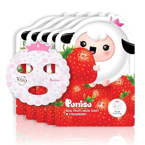 Puttisu Real Fruit Facial Mask Sheet for Kids, Children - Made with 100% Cotton, Moisturize, Sooths and Hydrates Skin (Strawberry- Pack of 5)