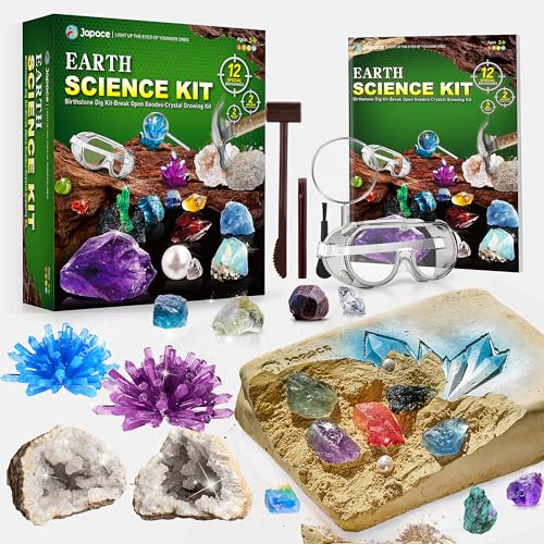 Japace Earth Science Kits for Kids Age 4-6-8-12-14, STEM Toy Geology Kit for Kids, Gemstone Dig Kit, Geodes with Crystals Break Your Own, Crystal Growing Kit, Rock Mining Kit Gifts for Boys and Girls
