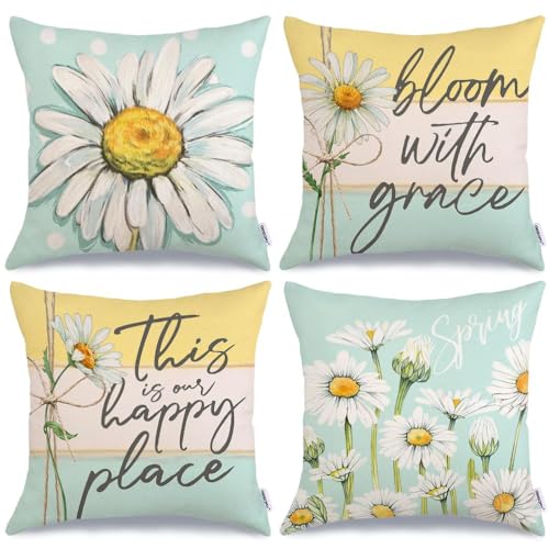 GEEORY Spring Pillow Covers 18x18 Inch Set of 4, Floral Daisy Bloom with Grace This is Our Happy Place Striped Blue Farmhouse Decorative Throw Pillowcases for Home Sofa Couch Decoration G514-18