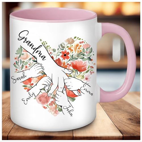 Personalized Grandma Mug Gifts with GrandKid's Hands and Names Custom, 11oz 15oz Customized Mothers Day Coffee Cups for Grandma, Custom Gift with Kids Names for Mama Nana Mimi Gigi on Mother's Day