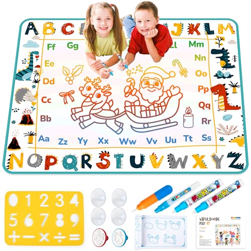 TECJOE Water Doodle Mat, 39 × 31 Inches Large Kids Painting Writing Water Drawing Mat, Mess Free Reusable Toddler Gift for Age 3 4 5 6 7 Years Old Girls Boys, Educational Toys Bring Magic Pens
