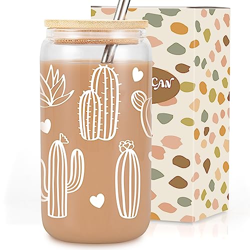 Coolife Aesthetic Cactus Cup, Plant Lover Gifts - 16oz Drinking Tumbler Glass Cups w/Lids Straws, Cute Mothers Day Birthday Gifts, Succulent Gifts, Gardener Gifts for Plant Mom Lady Friends