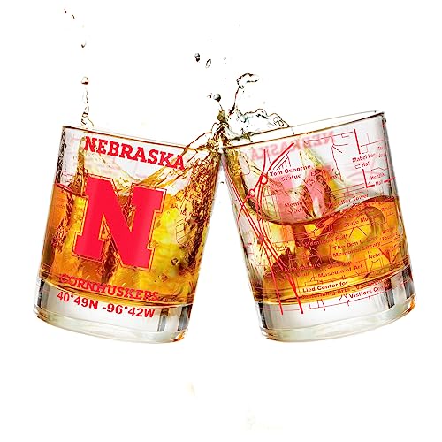 University Of Nebraska Whiskey Glass Set (2 Low Ball Glasses) - Contains Full Color Nebraska Huskers Logo & Campus Map - Huskers Gift Idea for College Grads & Alumni - College Cocktail Glassware