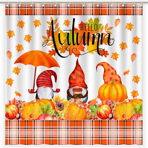 weesire Fall Shower Curtain Orange Autumn Pumpkin Gnome Fabric Shower Curtain Set Yellow Farmhouse Buffalo Plaid Maple Leaf Bath Accessories for Bathroom, 72x72 Inch