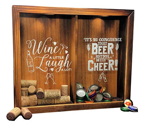 Wine Cork & Beer Cap Holder Shadow Box, Wall Mounted or Free Standing, Wine & Bar Decor for Him & Her, Rustic Stained Wood, 11' x 13'