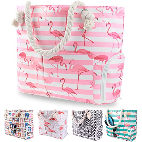 Beach Tote Bag for Women Her，Flamingo Extra Large Mothers Day Mom Gift Waterproof Sandproof Must Have Accessories Water Resistant XL Cloth Canvas Cotton Rope Travel Dry Zipper Pockets Pool Swim Gym
