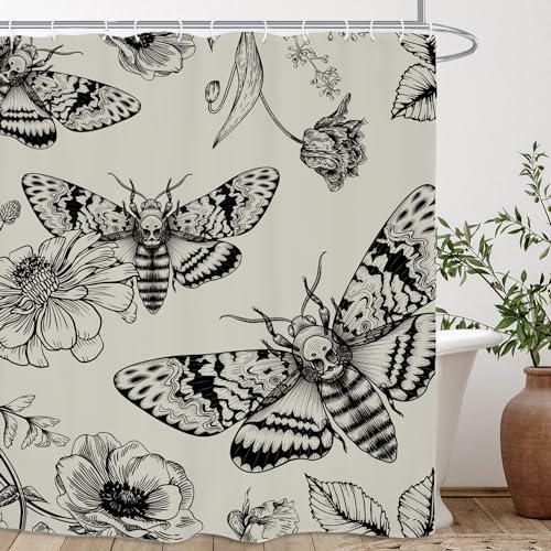 Kalmico Skull Moth Gothic Shower Curtain 60Wx72L Inch Witchy Vintage Mysterious Butterfly Scary Halloween Black Flower Bathroom Set Accessories Decor with 12 Pack Hooks
