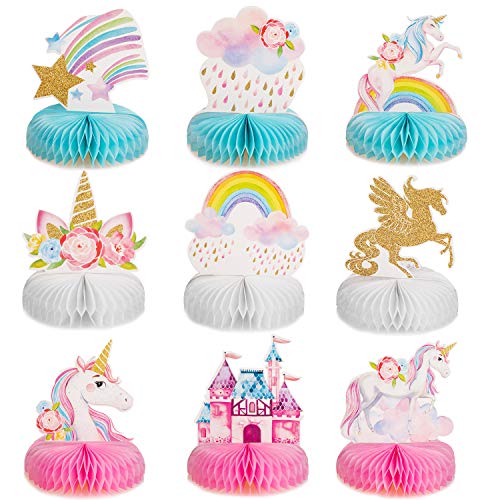Outus 9 Pieces Unicorn Rainbow Honeycomb Centerpiece for Table Decorations Shiny Topper Birthday Party Supplies