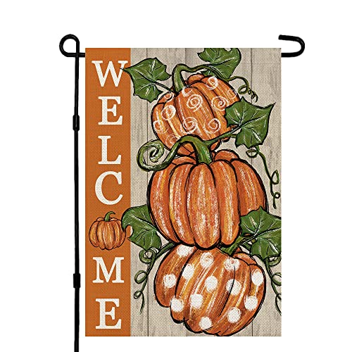 CROWNED BEAUTY Fall Thanksgiving Pumpkins Garden Flag 12x18 Inch Polka Dots Small Double Sided for Outside Burlap Welcome Yard Autumn Flag