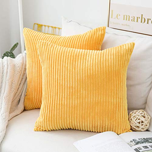 Home Brilliant Yellow Throw Pillow Covers 18x18 Set of 2 Super Soft Couch Pillow Covers Decorative Striped Corduroy Mustard Throw Pillows for Couch Bed Spring, 18 x 18 inch, Sunflower Yellow