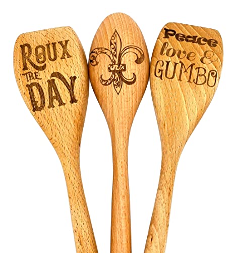 Fleur de lis or Roux the Day or Peace Love & Gumbo Engraved Wooden Cooking Spoon, Choice Of Style Engraved Wooden Spoons, Cajun Louisiana New Orleans Cooking, Mardi Gras Gift, Cajun Wedding Gift Set