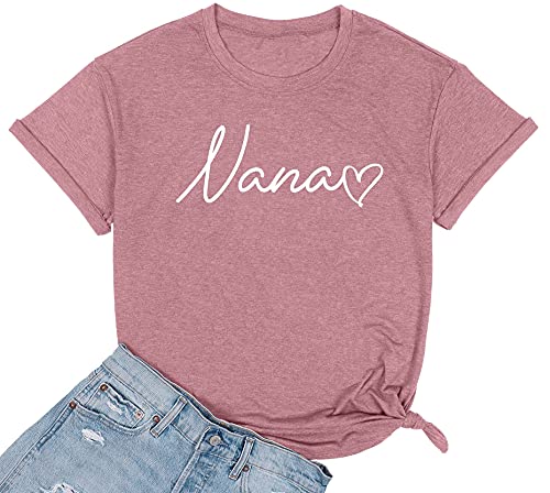 Nana T Shirt Women Funny Letter Print Love Heart Graphic Grandma Gift Tops Tees Casual Short Sleeve Shirts Top (Pink, Small)