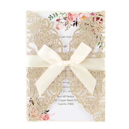 AdasBridal 50Pcs Laser Cut Invitations with Envelopes and RSVP Cards Gold Glitter Hollow Rose Shape Wedding Invitation with Pre-tied Ribbons for Wedding Quinceanera Bridal Shower Engagement Party
