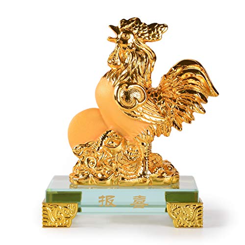 BRASSTAR Golden Resin Feng Shui Statue Rooster/Cock/Chicken Glass Base Chinese Zodiac Home Office Table Top Decor Figurine Gift Collection PTZY109