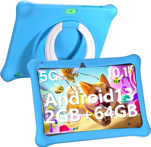 Naclud Kids Tablet with Case, 10.1 Inch Android 13 Tablet for Kids, 2+2GB RAM 64GB ROM Kids Tablets, WiFi, Parental Control APP, Kidoz Pre Installed, Dual Camera, Educational Games, Blue
