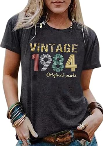 40th Birthday Gift Shirts Vintage 1984 Shirt for Women Letter Print Retro Party Tops Casual Short Sleeve Tee (US, Alpha, Medium, Regular, Regular, 84 Dark Gray2)