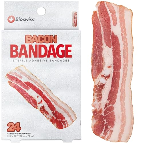 BioSwiss Bandages, Bacon Shaped Self Adhesive Bandages, Latex Free Sterile Wound Care, Fun First Aid Kit Supplies for Kids, 24 Count