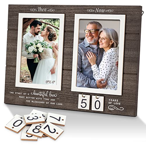 Then & Now Anniversary Picture Frame, 1-99 Years Wedding Gift Ideas - Anniversary Wood Photo Frame, Engagement Bridal Shower Gifts with Sentimental Quote - Holds 2 4x6 Inches Photos (Then & Now)