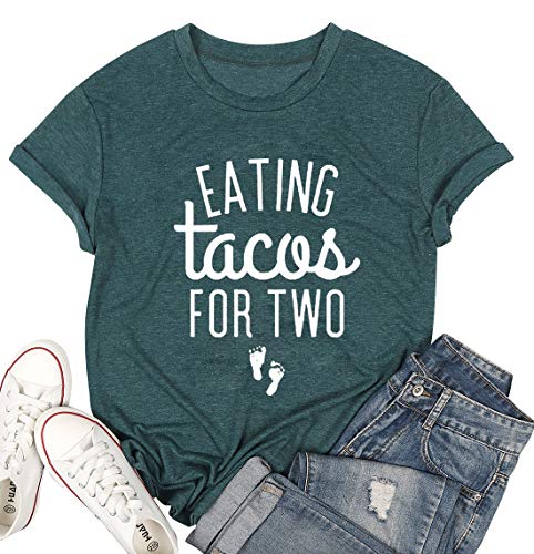 Eating Tacos for Two Maternity Shirt Cute Graphic Letter Print T-Shirt Pregnancy Announcement Short Sleeve Tees Tops Green