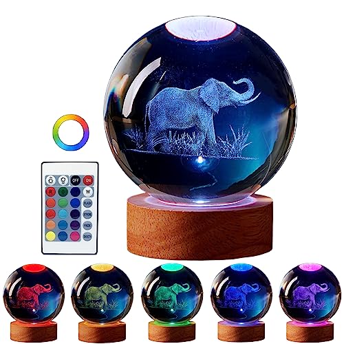DIGFPWT Elephant Lamp,3.15 inch K9 Elephant Crystal Ball Lamp, Elephant Night Light with Wooden LED Base,Glass Ball Lamp with USB, Remote Control,16 Colors Change, Gift Colorful Box (A)
