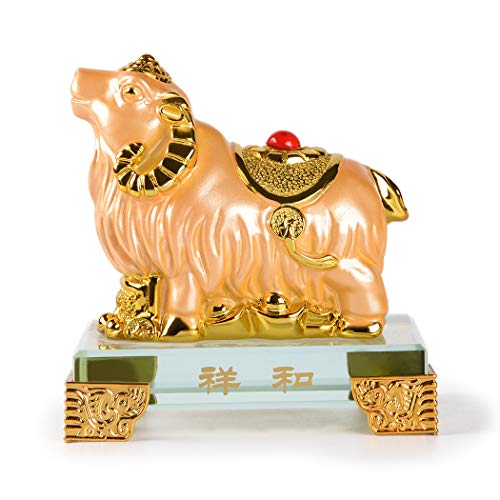BRASSTAR Golden Resin Feng Shui Statue Chinese Zodiac Animal Sheep/Lamb/Goat Home Office Table Top Decor Figurine Gift Collection PTZY119