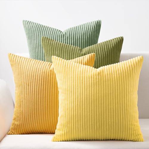 Topfinel Decorative Throw Pillow Covers 18x18 Inches Set of 4,Striped Corduroy Sage Green Yellow Color-Clash Design Cushion Cover,Pillow Case for Bedroom Couch Sofa Living Room,Summer Home Decor