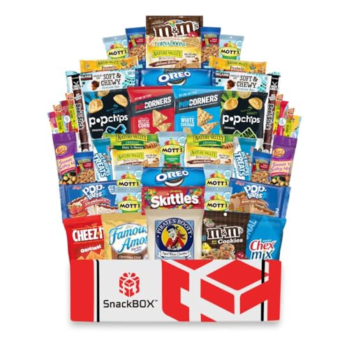 SnackBOX Care Package College Students | Snacks BOX Variety Pack (50 Count) | Great for Final Exams, Graduation, Mothers Day, Date Night, Birthday, Office, Camping, Chips, Military, Basket, Gift Ideas