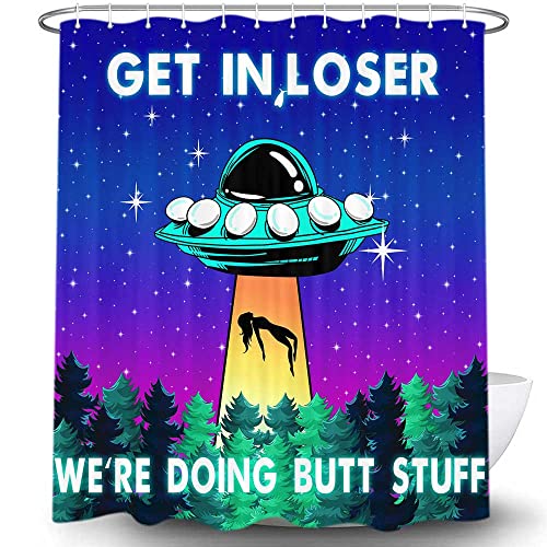 MERCHR Funny UFO Shower Curtain for Bathroom, Unique Fun Alien Blue Purple Space Starry Sky Forest Fabric Shower Curtains Set, Weird Restroom Decor Accessories with Hooks 72X72 Inch