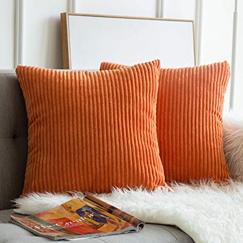 MIULEE Pack of 2 Orange Pillow Covers 18x18 Inch Soft Boho Striped Corduroy Throw Pillow Covers Set Decorative Square Cushion Cases Pillowcases for Sofa Bedroom Couch