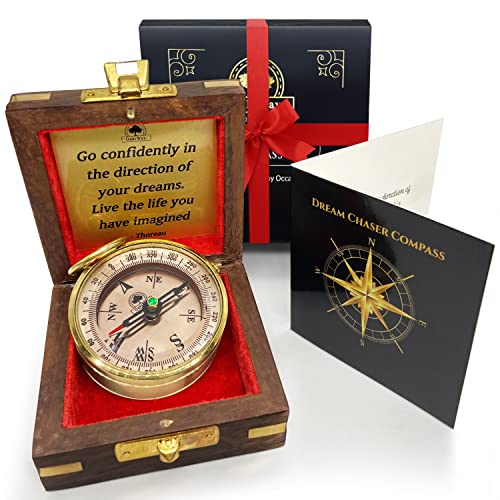 The Dream Chaser Compass in Wooden Box - Graduation Gifts for Him, College, High School, Birthday Gifts for Men, Son, Husband - 2024 Christmas, Inspirational, Motivational- Greeting Card Included