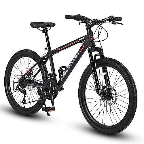 S24102 24 Inch Mountain Bike Boys Girls, Steel Frame 21 Speed Mountain Bicycle with Daul Disc Brakes and Front Suspension MTB (Black)