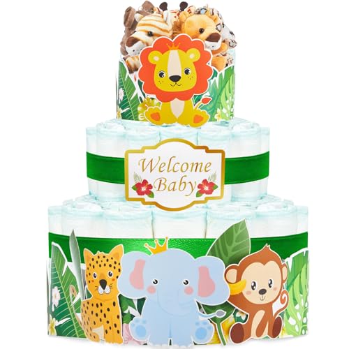 Zhanmai Safari Animal Diaper Cake Supplies Jungle Animal Creatures Diaper Cake Accessories Sage Green Gender Neutral Cake Topper Safari Jungle Baby Shower Decoration (Diapers Not Included)
