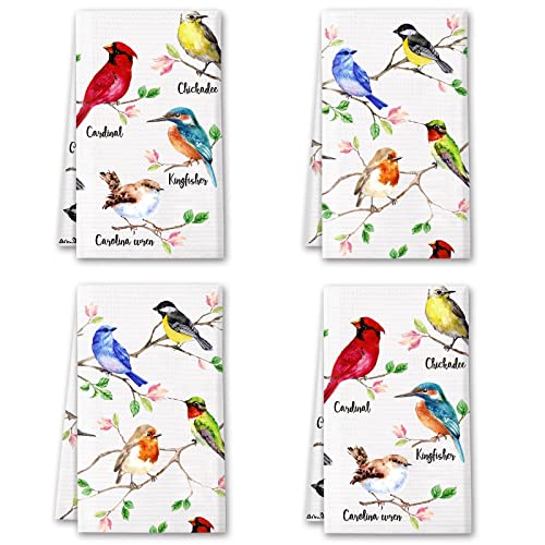 Vansolinne Birds Kitchen Towels Birds On Branch Dish Towels Set of 4 Cardinal Hummingbird Bluejay Summer Absorbent Hand Towels Tea Towels Gifts for Bird Lovers Women for Cleaning Drying Cooking Baking