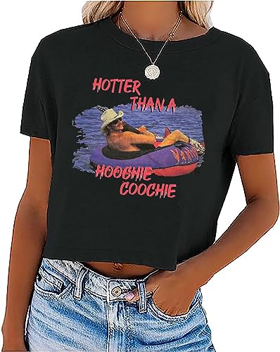Hotter Than a Hoochie Coochie Crop T-Shirt Women Vintage Graphic Country Music Tees Beach Vacation Crop Tops (L, Black)